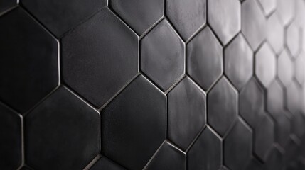 Fototapeta premium Black matte hexagon tiles creating a geometric pattern, perfect for a contemporary bathroom or kitchen.