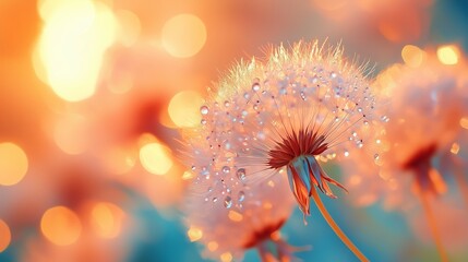Obraz premium Dew-kissed dandelion puff against a vibrant sunset backdrop in a serene garden