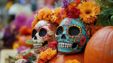 Pumpkins with Dia de los Muertos masks, vibrant colors, and floral decorations, Halloween, cultural celebration