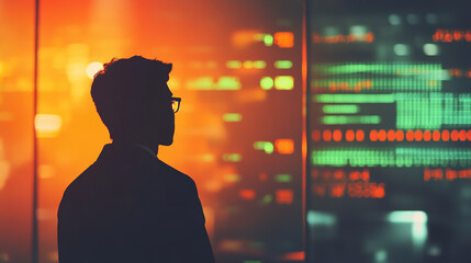 A silhouette of a trader in an office, captured with a bokeh effect in a low-lit environment