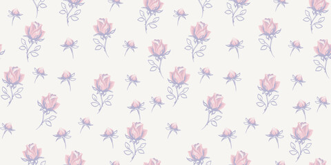 Pastel retro seamless pattern with abstract tiny rosebuds, small rose, little buds. Cute ditsy flowers printing scattered randomly on a light background. Vector hand drawing sketch. Ornament repeated