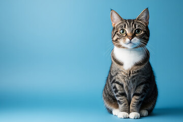 Obraz premium A studio shot features a gray and white striped cat sitting gracefully against a solid blue background.