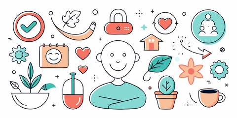 Self-care doodle icon set, mental health symbol, vector hand drawn positive thinking good habits. Optimism lifestyle collection, personal psychology support ink sketch. Relax routine self-care icon 