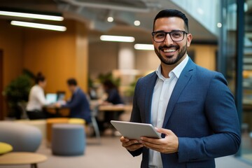 Confident businessman with glasses smiling and holding a tablet in a contemporary office setting. Suitable for business and technology concepts. Generated AI