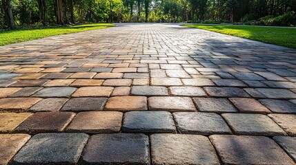 Fototapeta premium Newly installed interlocking brick pavement in a residential driveway.