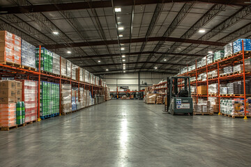 An indoor view of a warehouse features spacious aisles lined with neatly organized shelves stocked with various goods