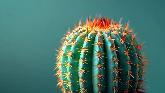 Close-up of vibrant green cactus with fiery orange spines against blue background