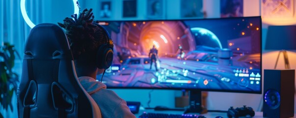 A gamer playing a video game on a large, curved monitor in a modern gaming setup. The gamer should be seated in a comfortable gaming chair, wearing headphones.