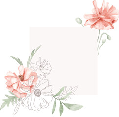 Elegant Floral frame with Soft pink Watercolor Poppies.
