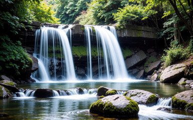 Obraz premium Majestic Waterfalls Cascading Over Rocks Surrounded by Lush Greenery in Nature Reserve During Summer Afternoon