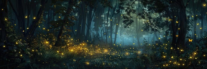 Fireflies dancing in warm light within shadowy forest surroundings