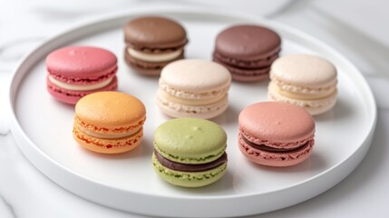 Obraz premium Colorful macarons arranged on a white plate