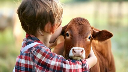 A boy gently hugs a playful calf in a sunny pasture, sharing a moment of connection and affection with the young animal