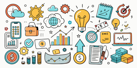 Business doodle icon set, hand drawn finance vector sketch, ink line startup money clipart. Creative presentation project scribble, cartoon cute strategy sign, achievement chart. Business doodle kit