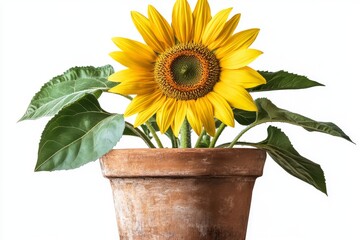 Obraz premium Sunflower in an Isolated Flowerpot on a White Background: A Symbol of Happiness and Positive Energy in Simplicity