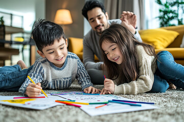 Fototapeta premium In a cozy living room, a young brother and sister happily draw together on the floor, their colorful artwork spread around them