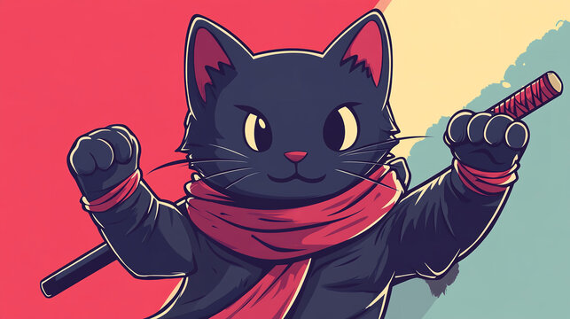Illustration of Anime 2d comic style cat ninja. anime japan comic style. flat vector design.