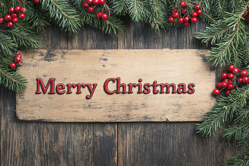 "Merry Christmas" text is elegantly displayed against a rustic wooden background, adorned with Christmas evergreen branches and vibrant red berries in the corner