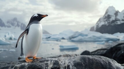 Naklejka premium Adorable Penguin on a Rocky Shoreline
