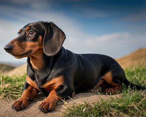 a dachshund, also known as a badger dog, sausage dog, or wiener dog, is seen resting 