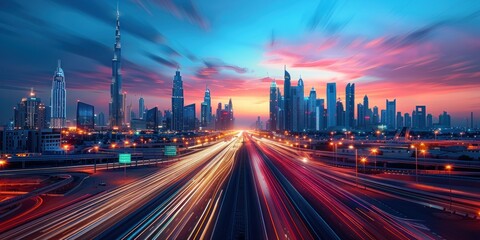 Fototapeta premium Dubai Skyline at Sunset with Light Trails