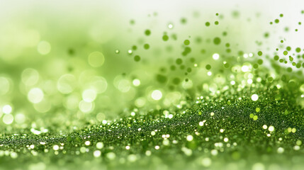 Soft Green Glitter and Bokeh Lights on Bright Background with Copy Space