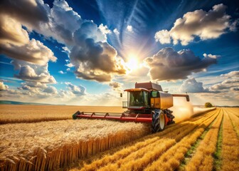 Obraz premium Giant harvesting machine works efficiently in a sun-drenched field, gathering golden grain under a vibrant blue sky with fluffy white clouds on a warm summer day.
