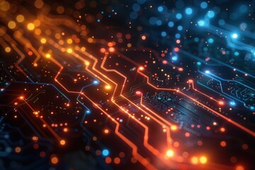 Fototapeta premium Glowing Circuit Board with Orange and Blue Lights