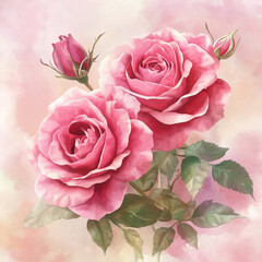 Watercolor flowers pink roses, Illustration hand painted. Isolated on white background. Perfectly for greeting card design. Abstract background.
