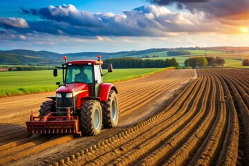 Obraz premium Large, sleek tractor effortlessly tills fertile farmland, turning over rich soil, creating furrows, and preparing the earth for the upcoming planting season.