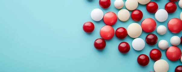Red, white, and pink candy scattered on a blue background.