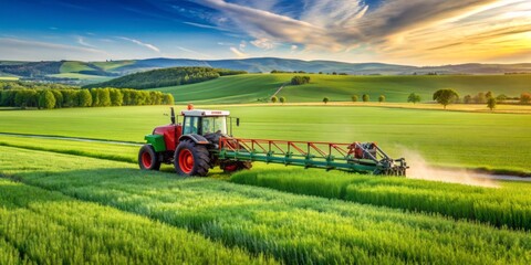 Fototapeta premium Modern agricultural machinery applies slurry to a lush green grain crop in a spring field, showcasing precision farming technology in the Czech countryside.