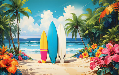 illustrative color illustration of a surfboard on a beautiful beach with perfect waves in surfers paradise