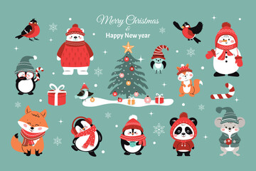 A festive Christmas set for a postcard, background, banner with a cute snowman, bear, fox, squirrel, penguins, panda, mouse, Christmas tree, gifts and birds. Vector winter design.