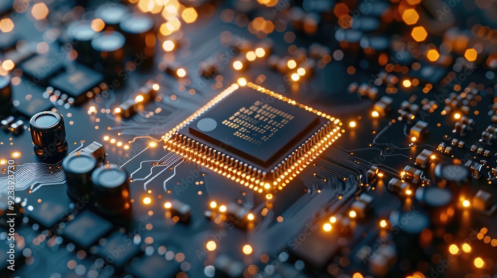 Leinwandbilder a close up of an advanced chip on the circuit board, showcasing its intricate design and high-tech f