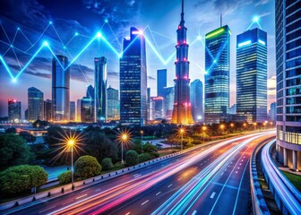 Obraz premium Vibrant cityscape at dusk with speeding cars and neon lights, overlaid with dynamic financial graphs and charts, symbolizing urban economic growth and prosperity.