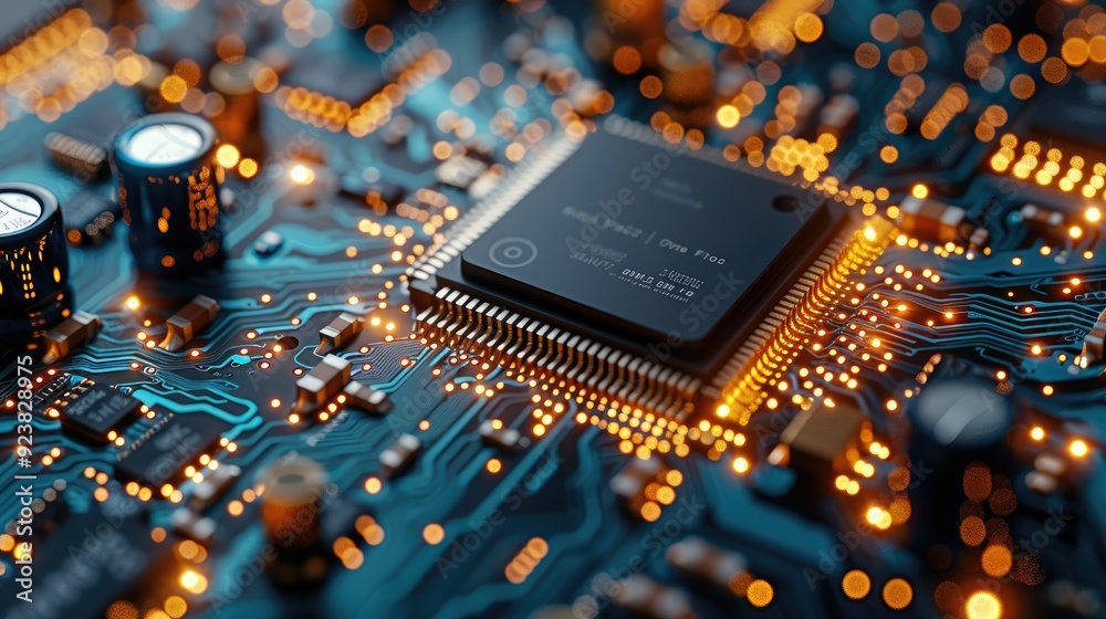 Fototapete a close up of an advanced chip on the circuit board, showcasing its intricate design and high-tech f