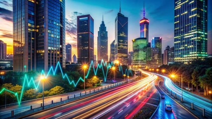 Fototapeta premium Vibrant cityscape at dusk with speeding cars and bright lights, overlaid with dynamic financial graphs and charts, representing the pulsing rhythm of urban economy.