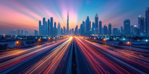 Fototapeta premium Dubai Skyline with Traffic Trails at Sunset