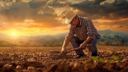 Fototapeta premium A man in a checked shirt and straw hat, working with a shovel in a potato field. The backdrop includes rolling hills and a dramatic sunset. 
