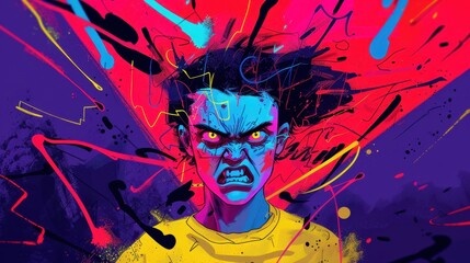 Fototapeta premium Intense Anger in Abstract Whimsical Style - 32k Super Resolution HDRIs with Red and Black Splashes Surrounding Furious Individual