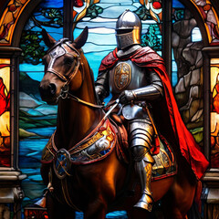 Naklejka premium a knight ride a horse in a stained glass