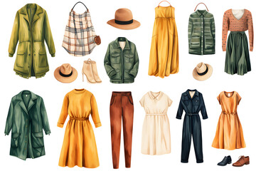 Watercolor Illustration collection of woman clothes isolated on white