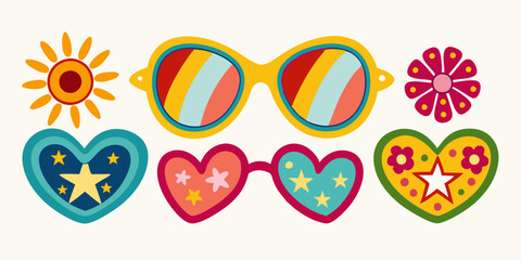 Groovy sunglasses set, vector retro hippy glasses sticker, doodle funky vintage disco accessories. Trippy boho eye, summer psychedelic eyeglasses, heart star shape eyewear kit. Fun groovy sunglasses