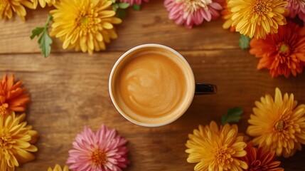 A cozy coffee cup surrounded by vibrant flowers on a wooden table in a warm setting