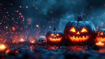 Fototapeta premium Halloween Night Celebration with Glowing Jack-O'-Lanterns and Skull by Fireplace - Spooky Seasonal Design for Posters and Cards