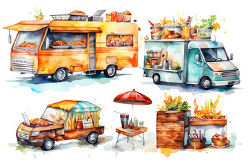Food truck and food festival stock collection. Watercolor Illustration
