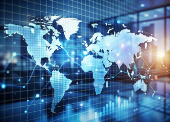 Obraz premium Global market trends and analysis concept featuring a blurred computer screen with digital charts and tables overlaid on a world map, symbolizing international finance.