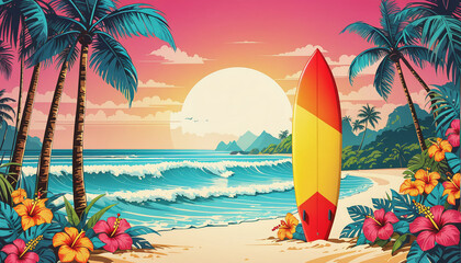 illustrative color illustration of a surfboard on a beautiful beach with perfect waves in surfers paradise