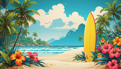 illustrative color illustration of a surfboard on a beautiful beach with perfect waves in surfers paradise